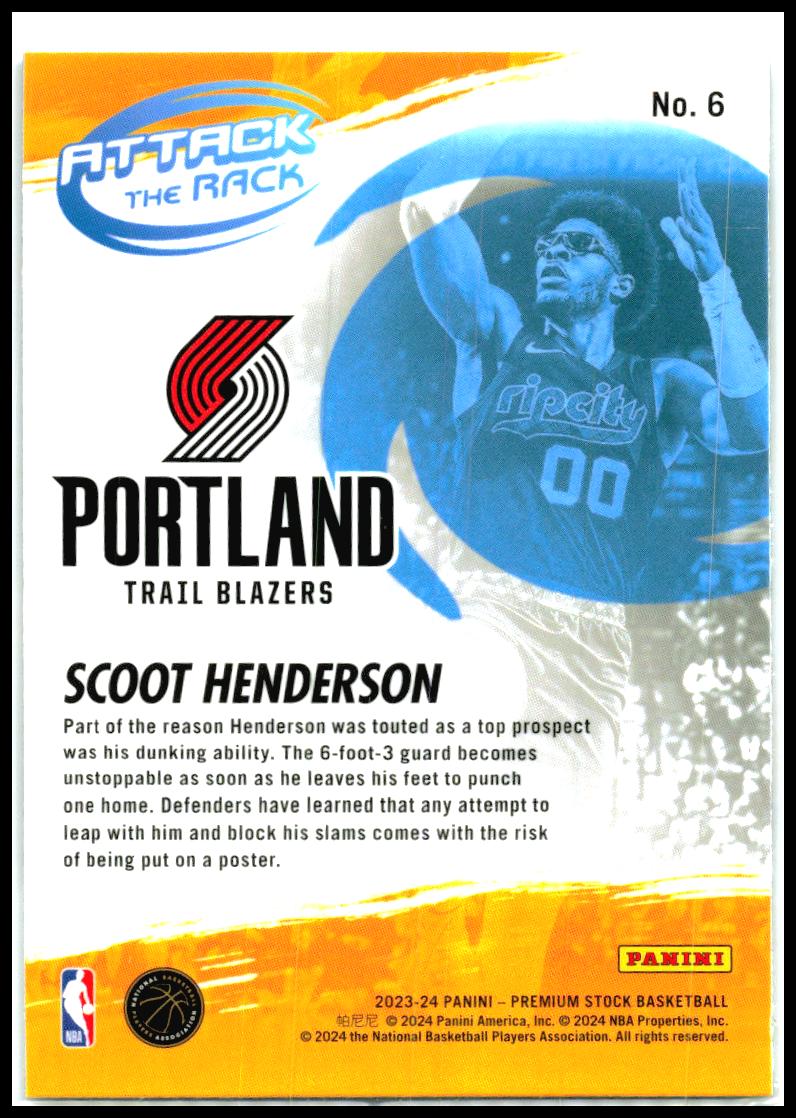 2023-24 Hoops Premium Stock Attack The Rack #6 Scoot Henderson Portland