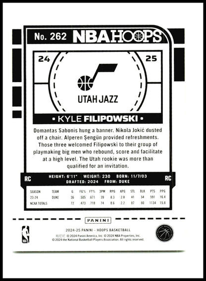 2024-25 Hoops #262 Kyle Filipowski Rookie Utah Jazz