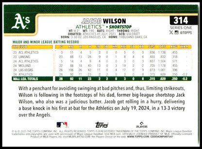 2025 Topps #314 Jacob Wilson Athletics