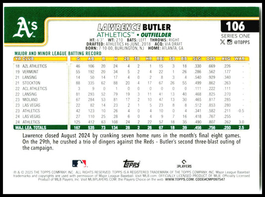 2025 Topps #106 Lawrence Butler Athletics