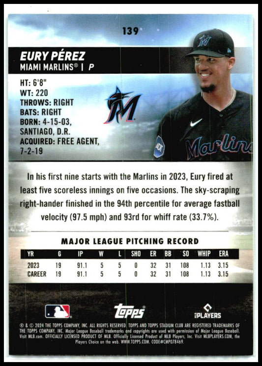 2024 Stadium Club Chrome #139 Eury Pérez Miami Marlins