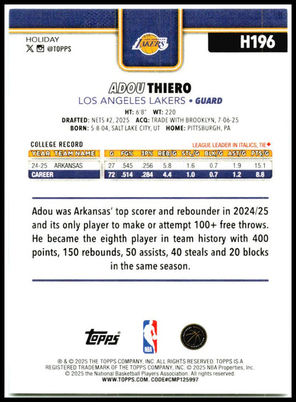 2025-26 Topps Holiday #H196 Adou Thiero Rookie Los Angeles Lakers
