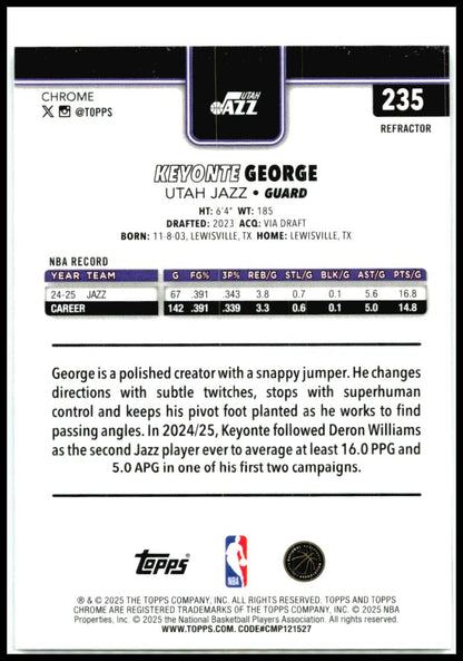 2025-26 Topps Chrome Refractor #235 Keyonte George Utah Jazz