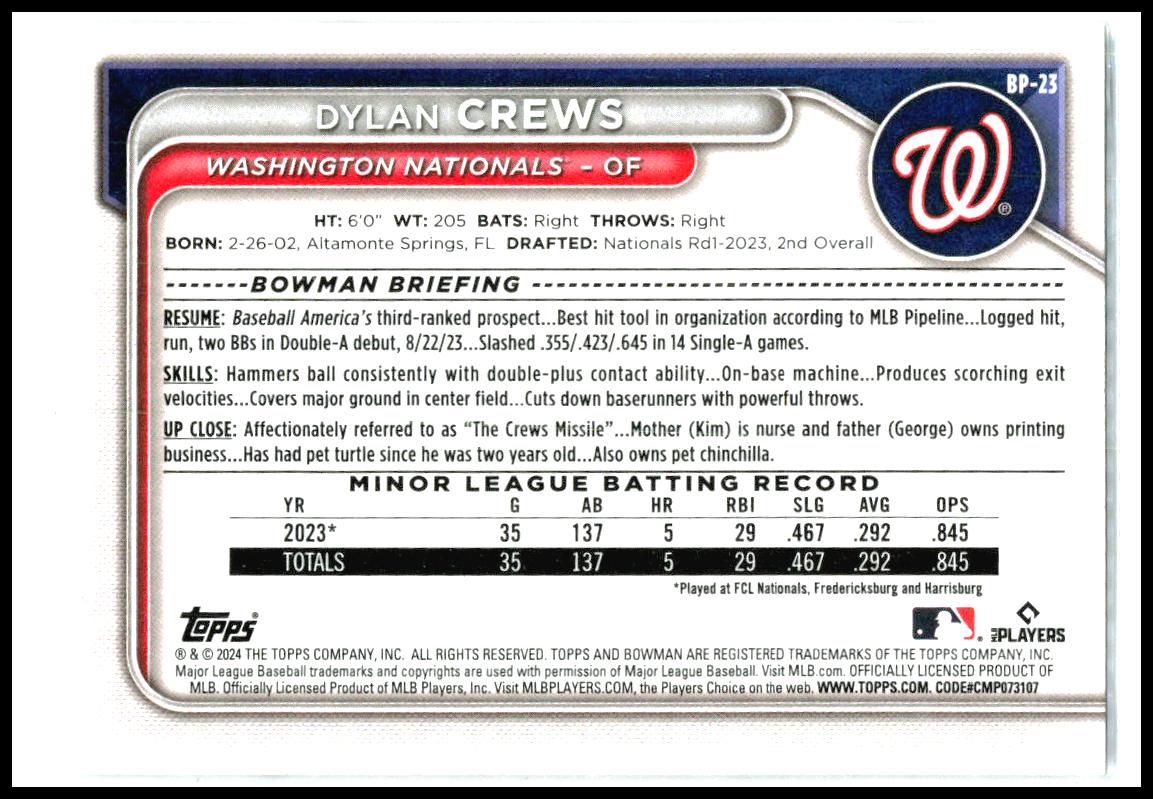 2024 Bowman #BP-23 Dylan Crews Washington Nationals