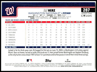 2025 Topps #287 DJ Herz Rookie Washington Nationals