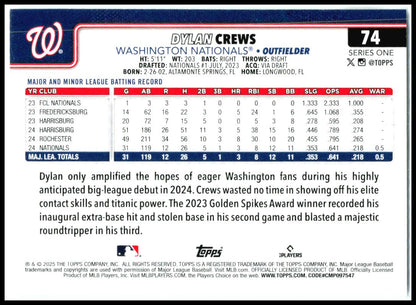 2025 Topps #74 Dylan Crews Rookie Washington Nationals