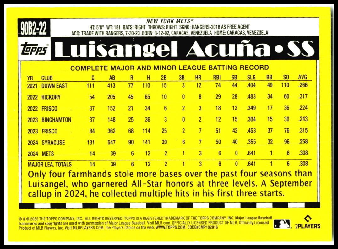 2025 Topps 1990 Topps Baseball 35th Anniversary #90B2-22 Luisangel Acuña Mets