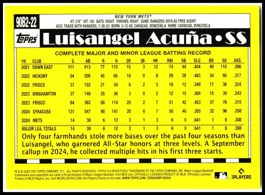 2025 Topps 1990 Topps Baseball 35th Anniversary #90B2-22 Luisangel Acuña Mets