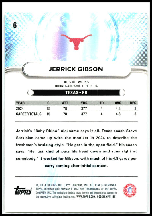 2025 Bowman University Best #6 Jerrick Gibson Texas Longhorns