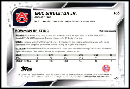 2025 Bowman University Chrome Refractor #186 Eric Singleton Jr. Auburn Tigers