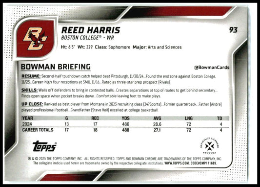 2025 Bowman University Chrome #93 Reed Harris Boston College Eagles