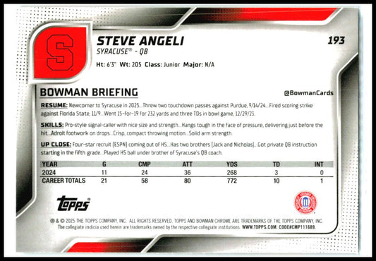 2025 Bowman University Chrome #193 Steve Angeli Syracuse Orange