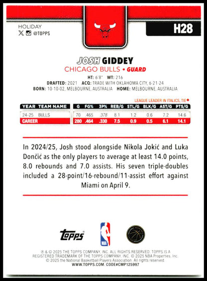 2025-26 Topps Holiday #H28 Josh Giddey Chicago Bulls