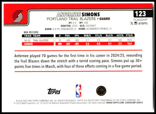 2025-26 Topps #123 Anfernee Simons Portland Trail Blazers