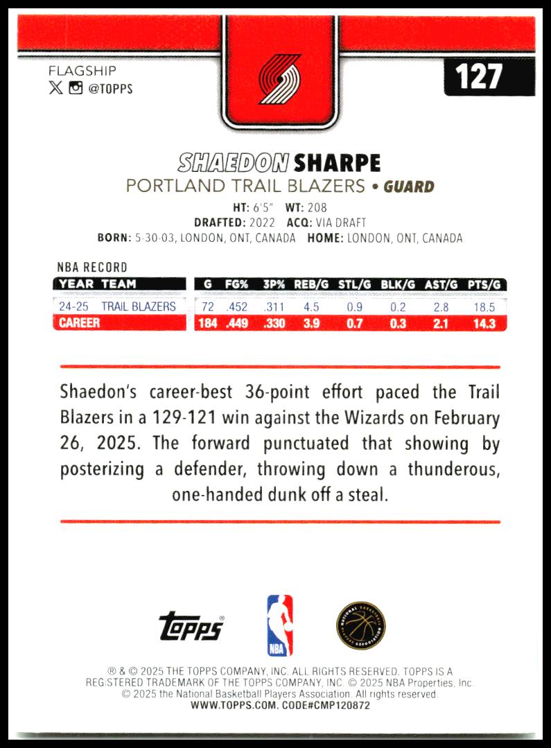 2025-26 Topps #127 Shaedon Sharpe Portland Trail Blazers
