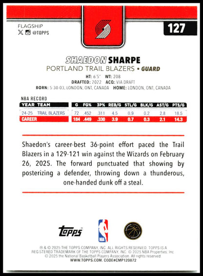 2025-26 Topps #127 Shaedon Sharpe Portland Trail Blazers