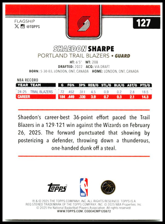 2025-26 Topps #127 Shaedon Sharpe Portland Trail Blazers