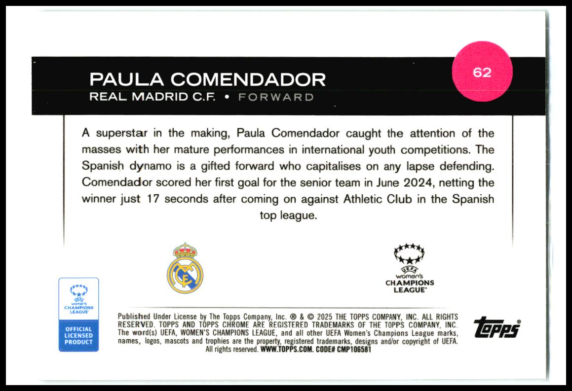 2024-25 Topps Chrome UEFA #62 Paula Comendador Rookie Real Madrid Femenino