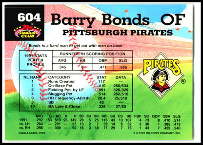1992 Stadium Club Members choice #604 Barry Bonds Pittsburgh Pirates