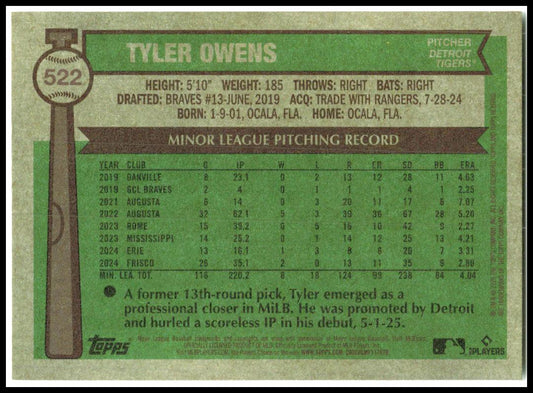 2025 Topps Heritage #522 Tyler Owens Rookie Detroit Tigers