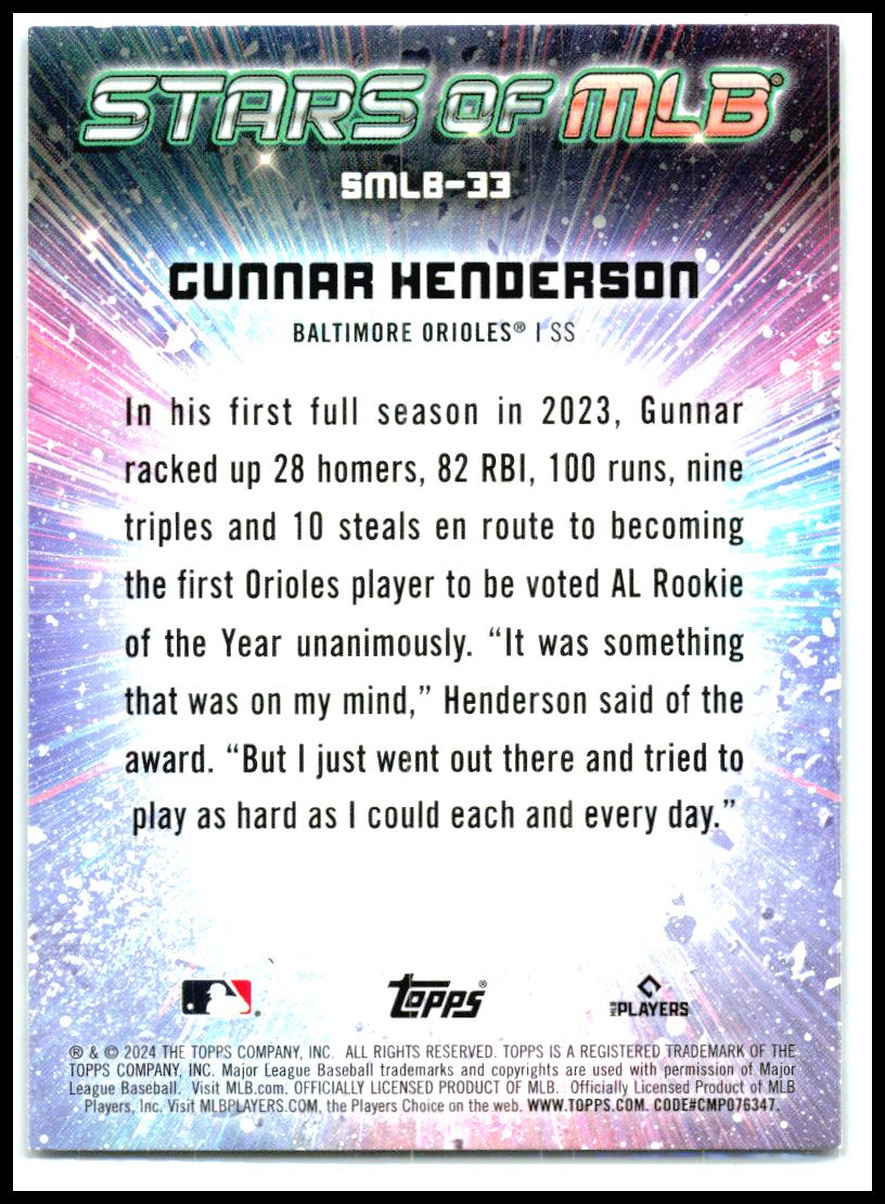 2024 Topps Stars of MLB #SMLB-33 Gunnar Henderson Baltimore Orioles