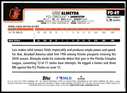 2025 Topps Pro Debut #PD-49 Luis Almeyda FCL Orioles
