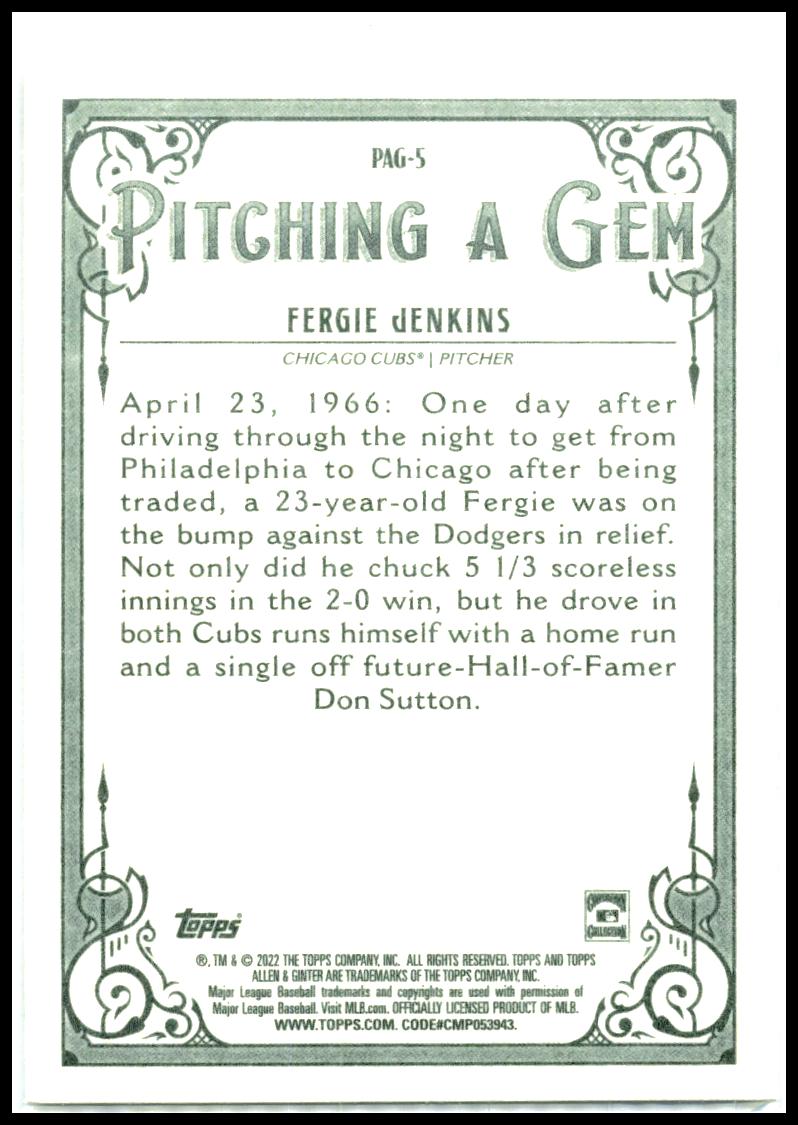 2022 Topps Allen & Ginter Pitching a Gem #PAG-5 Fergie Jenkins Chicago Cubs