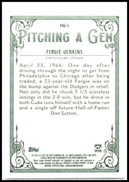 2022 Topps Allen & Ginter Pitching a Gem #PAG-5 Fergie Jenkins Chicago Cubs