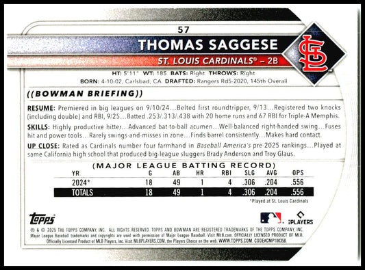 2025 Bowman #57 Thomas Saggese Rookie St. Louis Cardinals