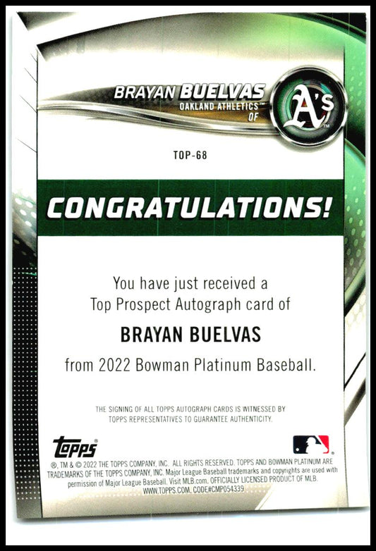 2022 Bowman Platinum Top Prospect Auto Pink #TOP-68 Brayan Buelvas Auto