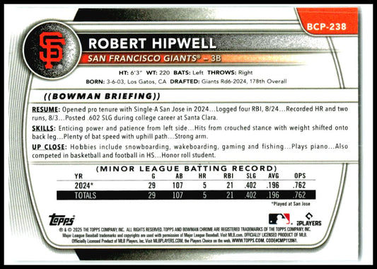 2025 Bowman Chrome Prospects #BCP-238 Robert Hipwell San Francisco Giants
