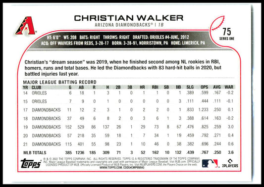 2022 Topps Royal Blue #75 Christian Walker Arizona Diamondbacks