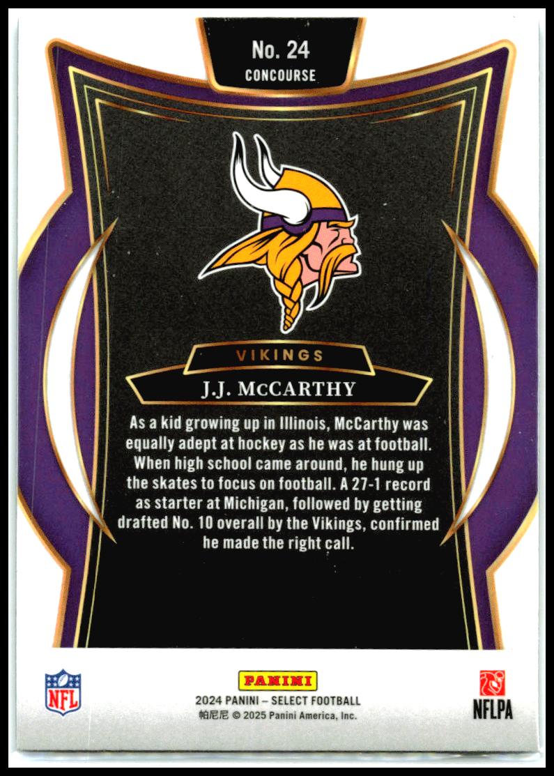 2024 Panini Select #24 J.J. McCarthy Rookie Minnesota Vikings