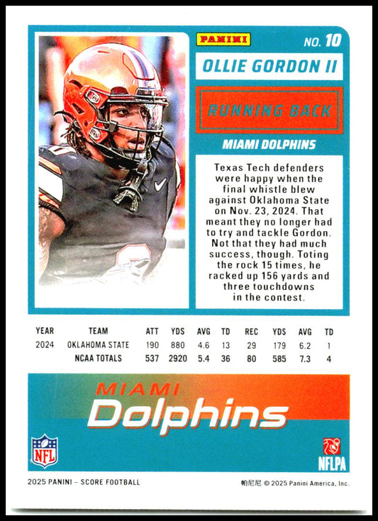 2025 Score #10 Ollie Gordon II Rookie Miami Dolphins