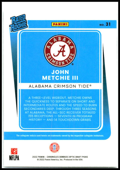 2022 Chronicles Draft Picks Rated Rookie #31 John Metchie III Alabama