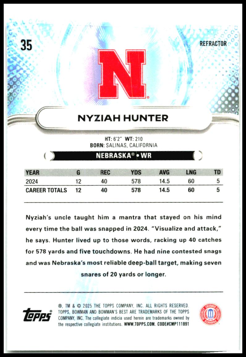 2025 Bowman University Best Refractor #35 Nyziah Hunter Nebraska Cornhuskers