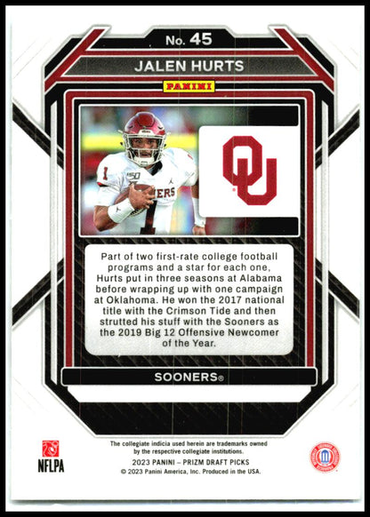 2023 Panini Prizm Draft Picks #45 Jalen Hurts Oklahoma Sooners