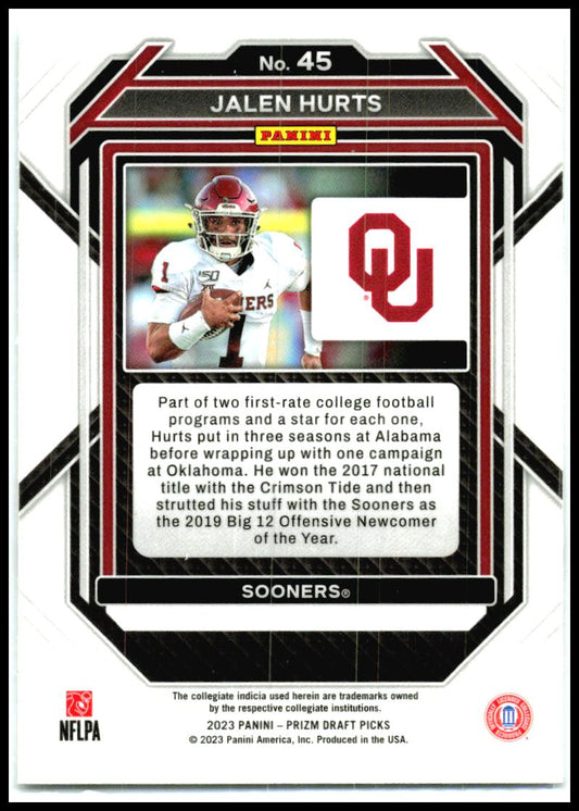 2023 Panini Prizm Draft Picks #45 Jalen Hurts Oklahoma Sooners