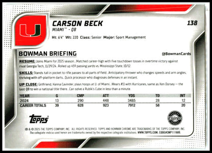 2025 Bowman University Chrome #138 Carson Beck Miami Hurricanes