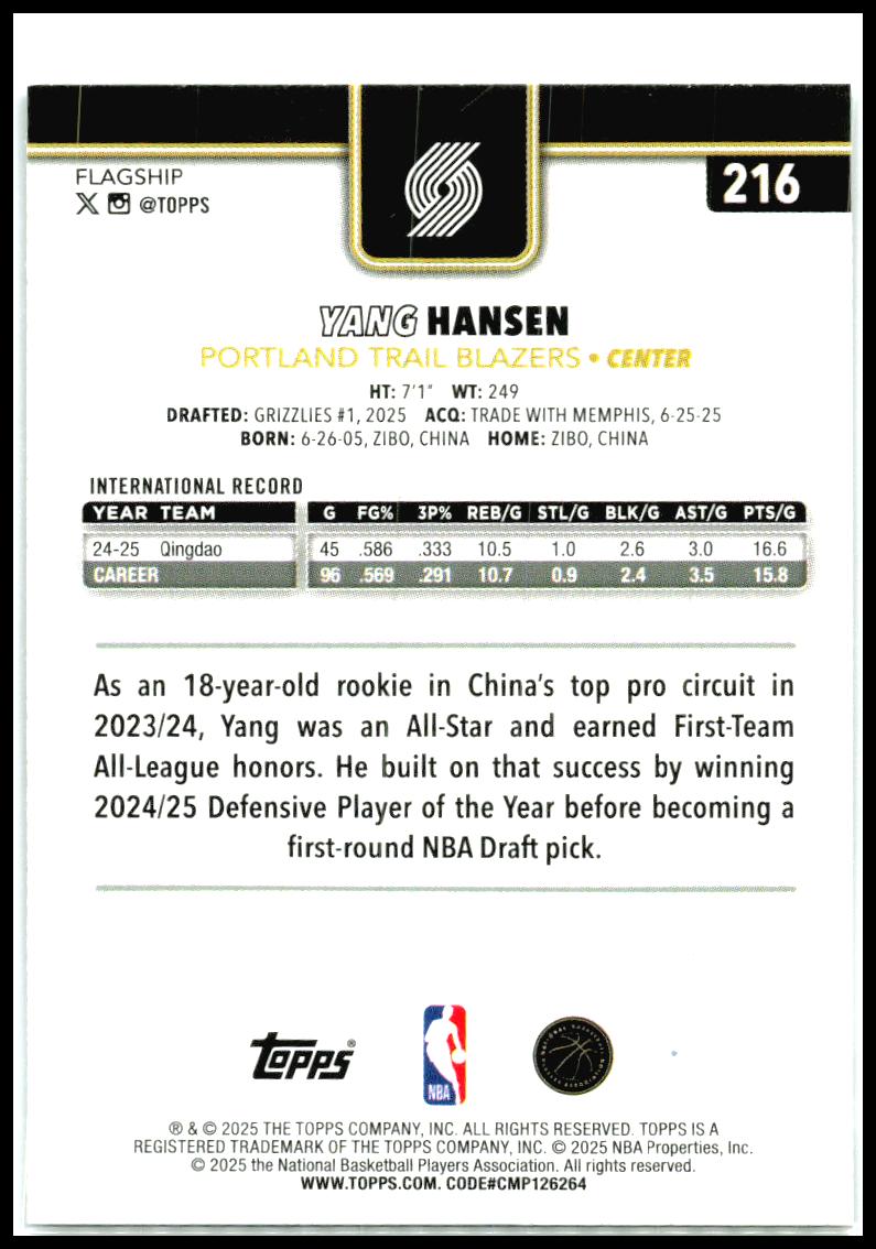 2025-26 Topps Blackout #216 Yang Hansen Rookie Portland Trail Blazers
