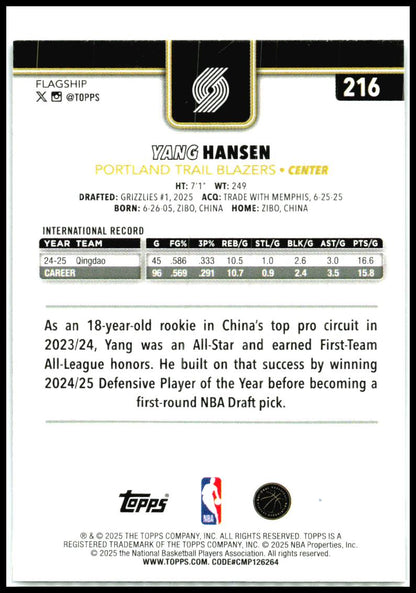 2025-26 Topps Blackout #216 Yang Hansen Rookie Portland Trail Blazers
