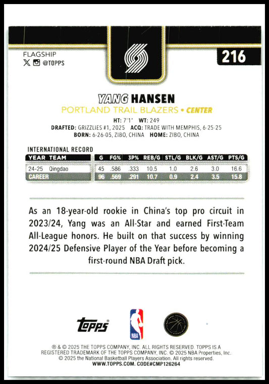 2025-26 Topps Blackout #216 Yang Hansen Rookie Portland Trail Blazers