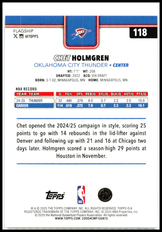 2025-26 Topps Sandglitter #118 Chet Holmgren Oklahoma City Thunder