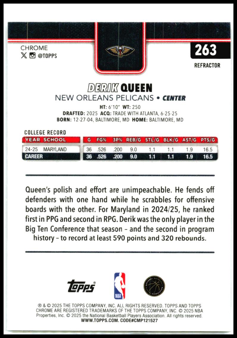 2025-26 Topps Chrome Refractor #263 Derik Queen Rookie New Orleans Pelicans