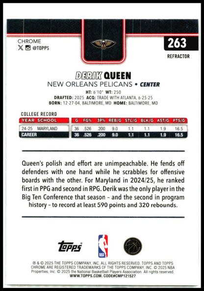 2025-26 Topps Chrome Refractor #263 Derik Queen Rookie New Orleans Pelicans