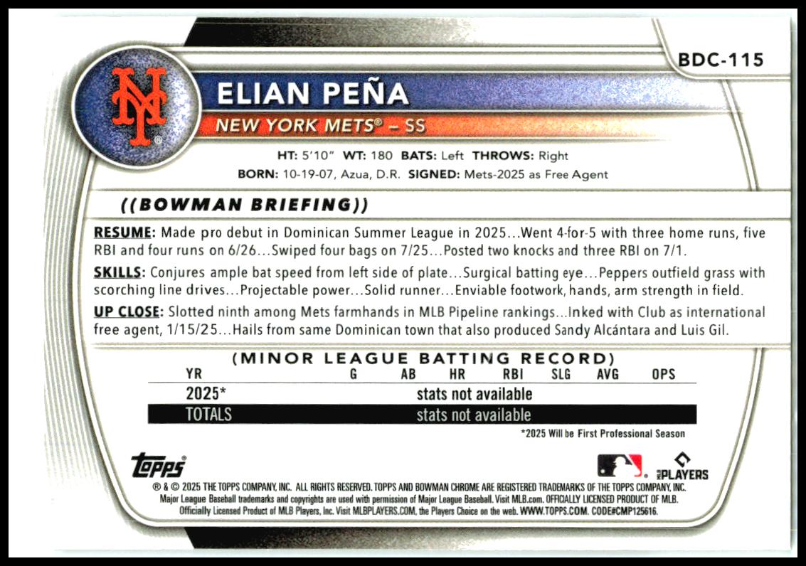 2025 Bowman Draft Chrome Mojo Refractor #BDC-115 Elian Peña New York Mets