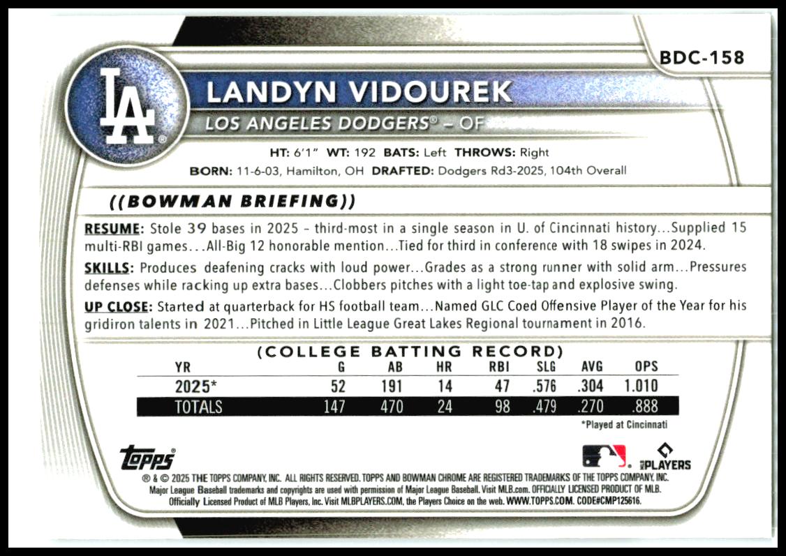 2025 Bowman Draft Chrome Mojo Refractor #BDC-158 Landyn Vidourek Dodgers