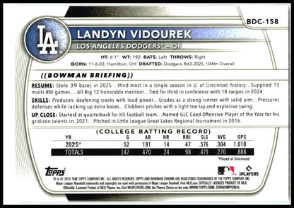 2025 Bowman Draft Chrome Mojo Refractor #BDC-158 Landyn Vidourek Dodgers