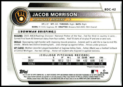 2025 Bowman Draft Chrome Mojo Refractor #BDC-42 Jacob Morrison Milwaukee Brewers