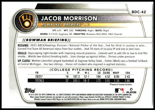 2025 Bowman Draft Chrome Mojo Refractor #BDC-42 Jacob Morrison Milwaukee Brewers
